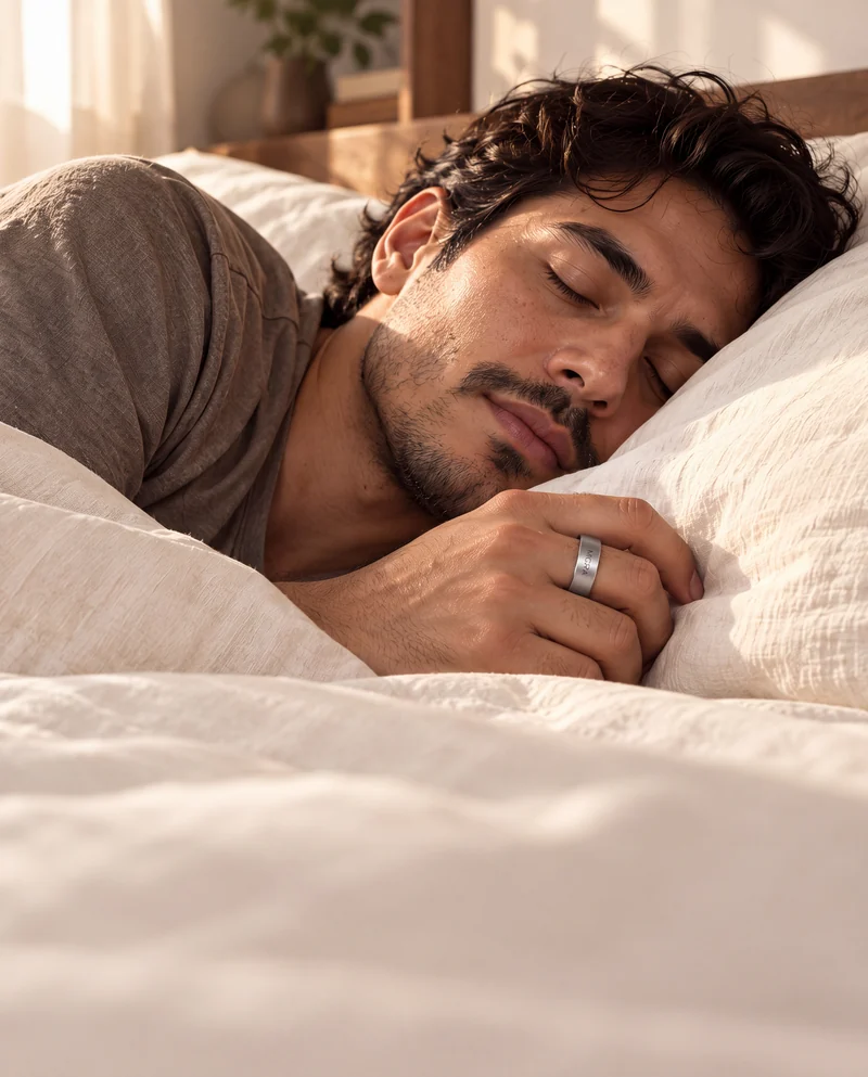 Descanso sobre ropa de cama marfil, con un anillo MICRA
