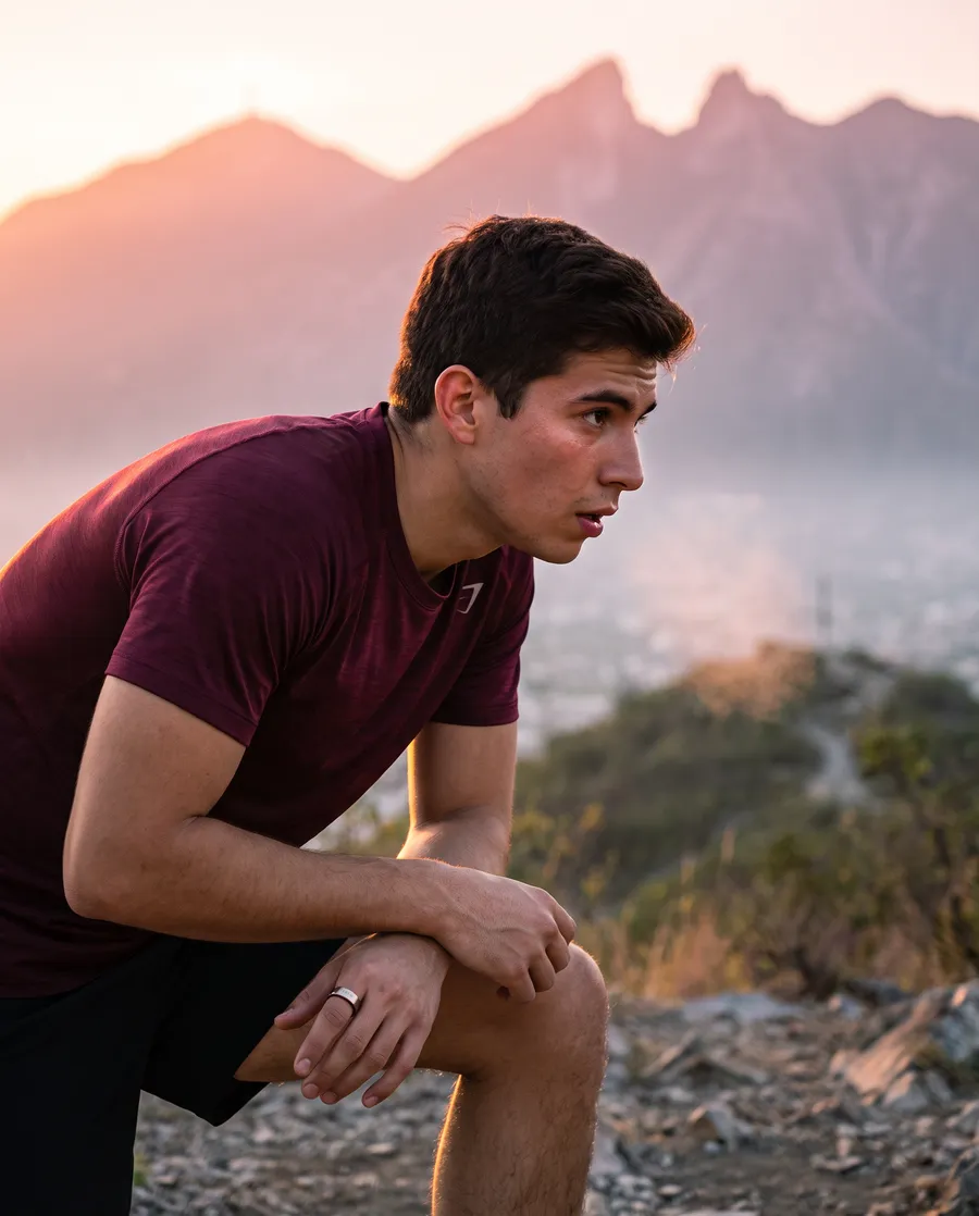 Persona descansando tras correr al amanecer frente al Cerro de la Silla