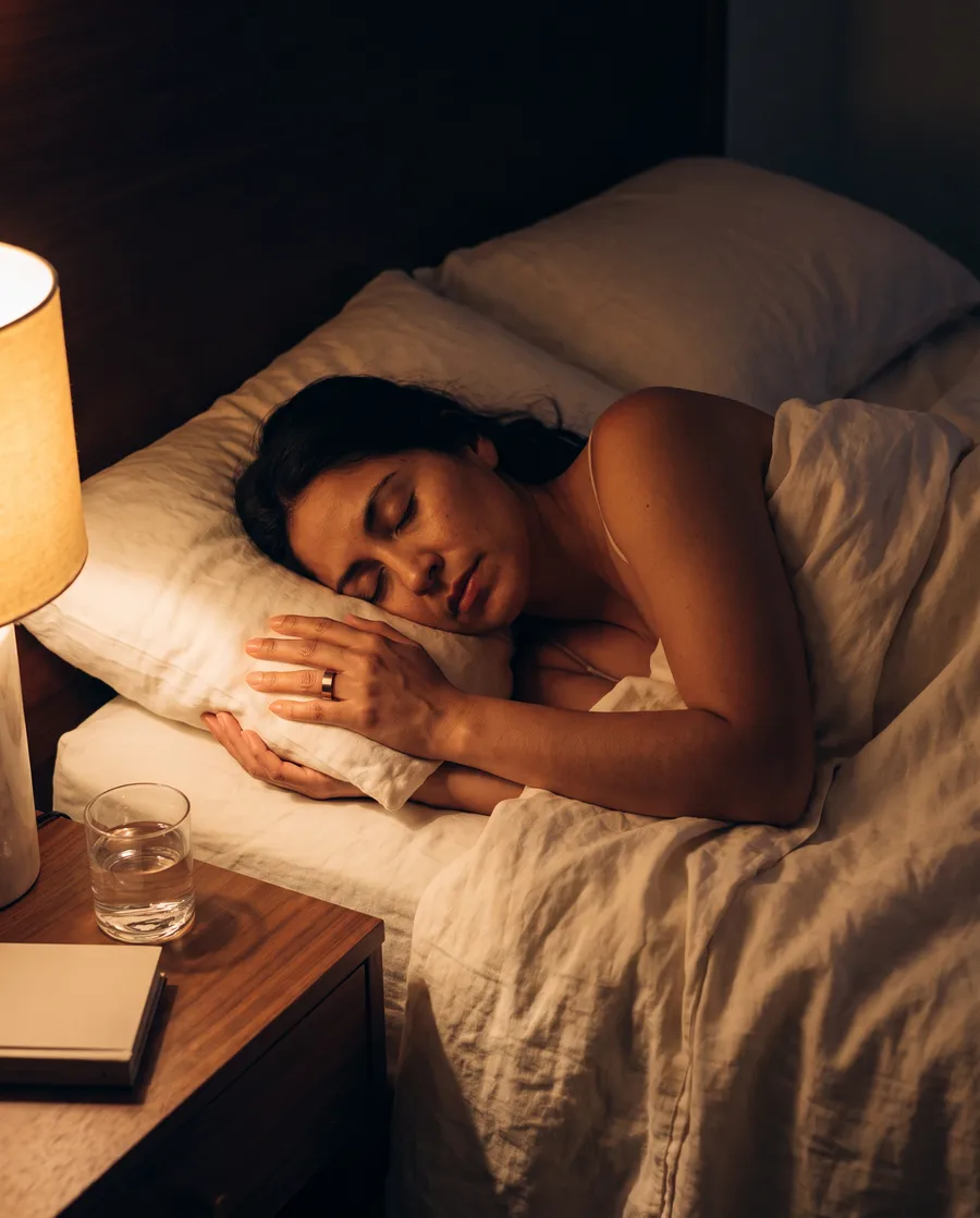Persona dormida con MICRA Ring en la mano, luz cálida de lámpara