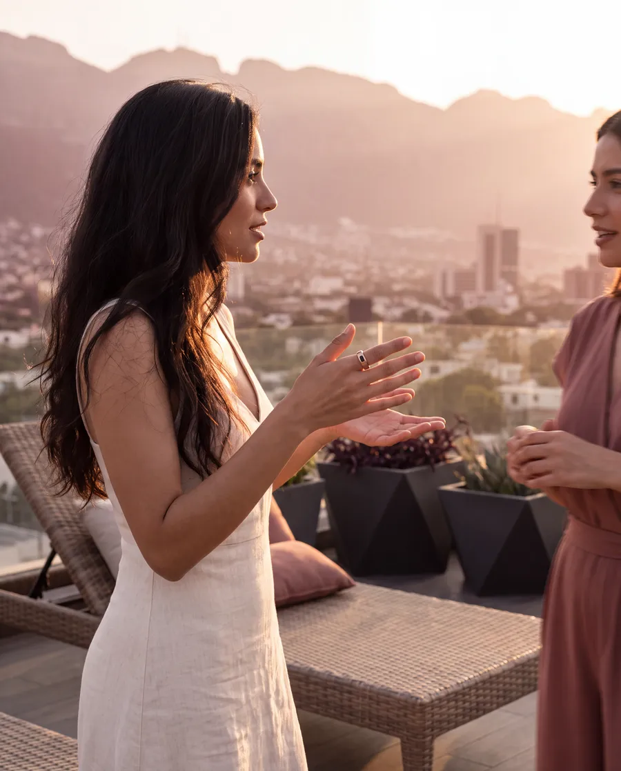 Persona en una terraza al atardecer con MICRA Voice