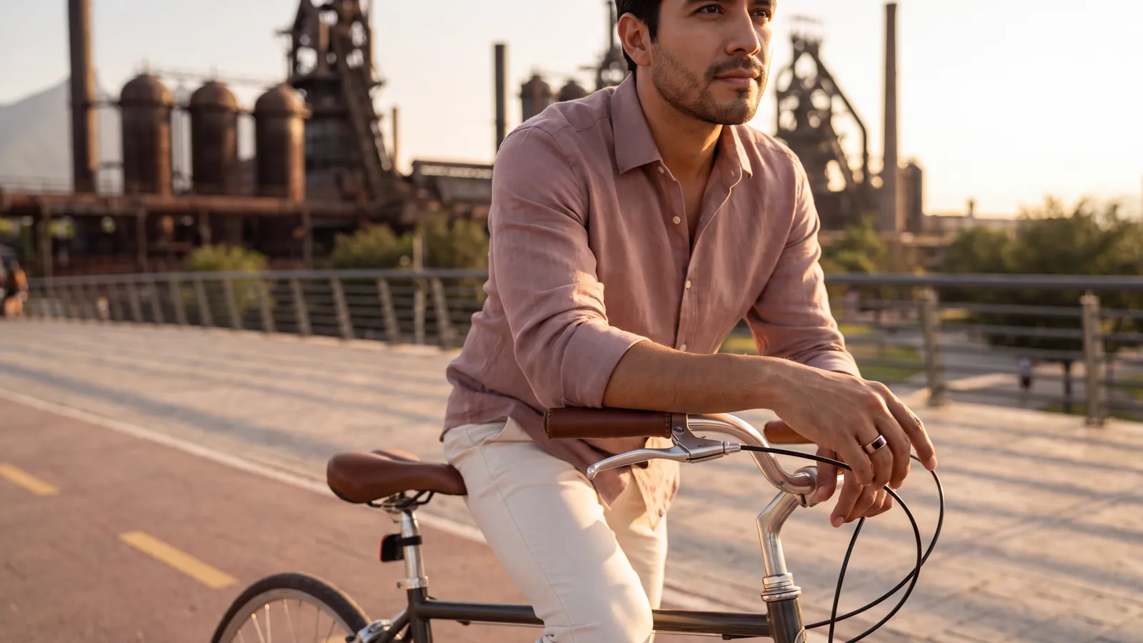Persona en bicicleta por una ciclovía con un anillo inteligente