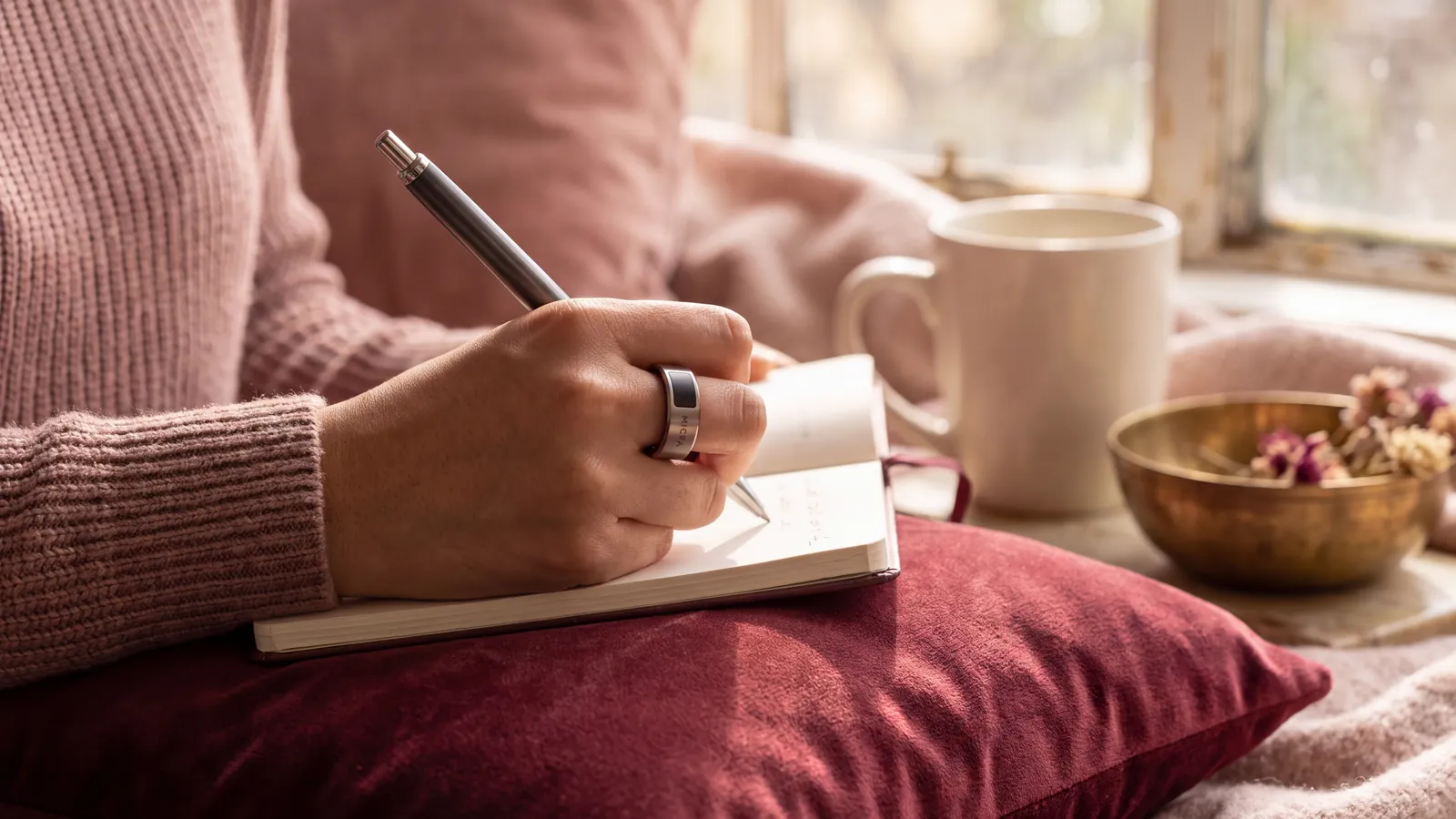 Mujer escribiendo en una libreta en su sala con un anillo inteligente