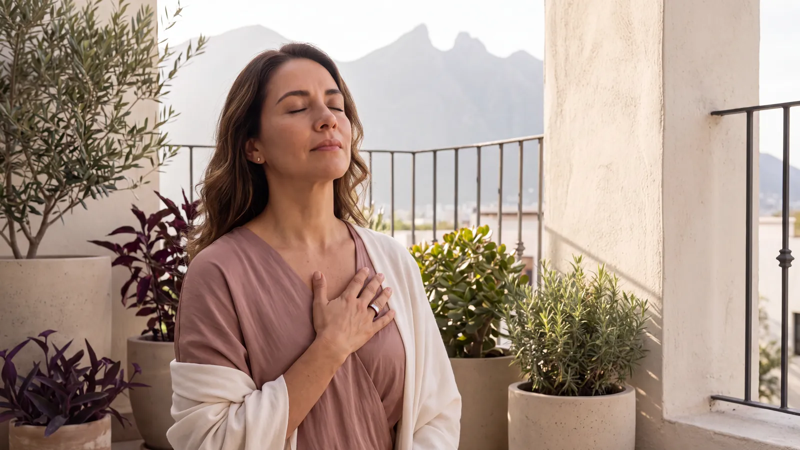 Persona respirando profundo en una terraza por la mañana