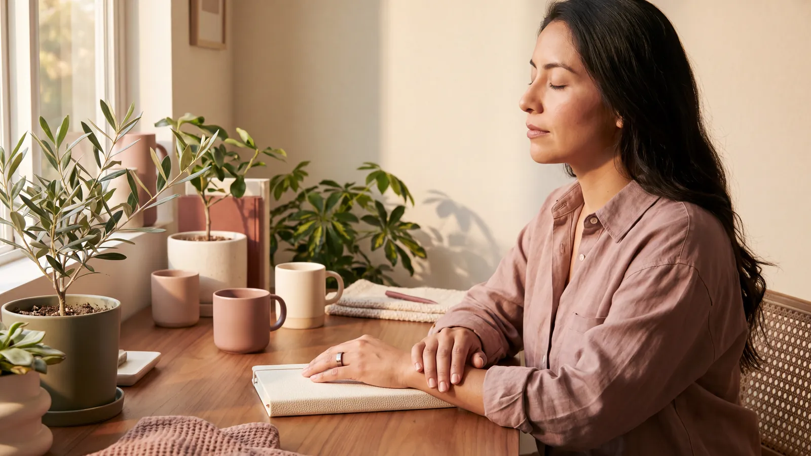 Persona haciendo una pausa en su escritorio con un anillo inteligente