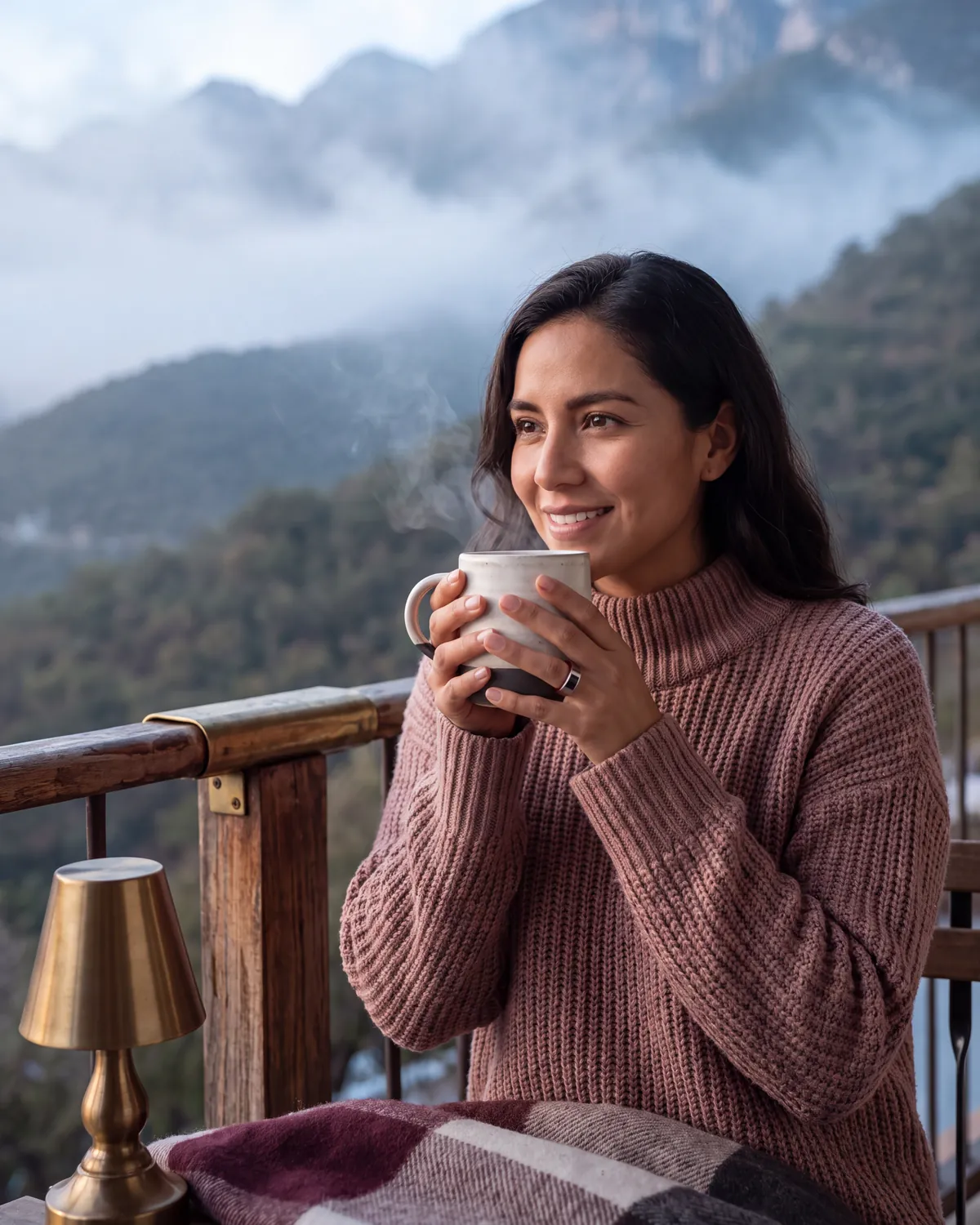Persona calentándose las manos con una taza en una mañana fría