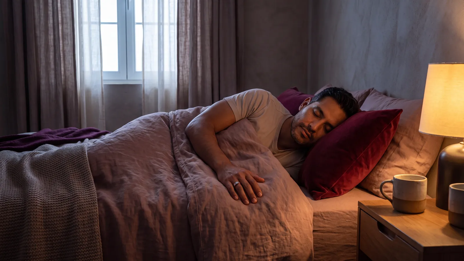 Recámara en penumbra al amanecer con una persona dormida y un anillo inteligente