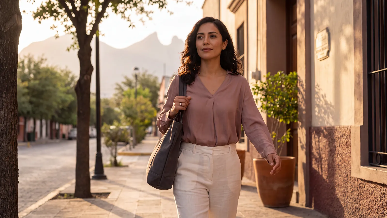 Persona caminando por una calle arbolada de Monterrey al atardecer con un anillo inteligente