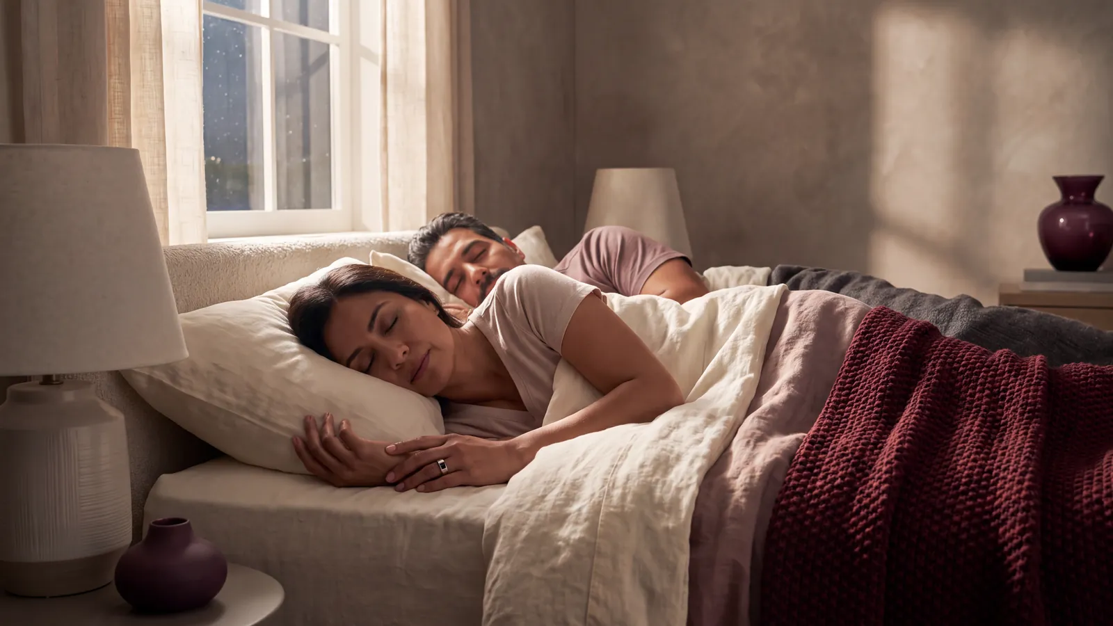 Pareja dormida en una recámara tranquila con luz de luna
