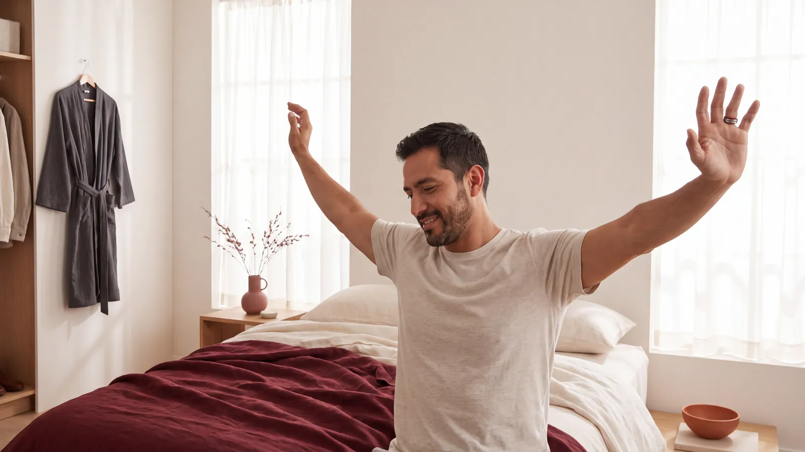 Persona estirándose después de despertar