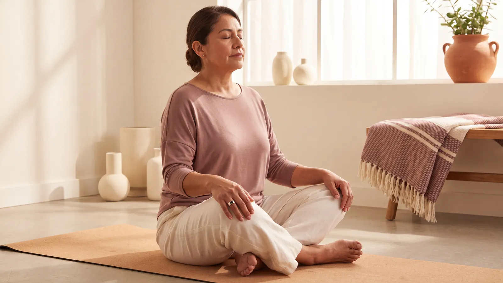 Persona respirando con calma en un tapete de yoga con un anillo inteligente